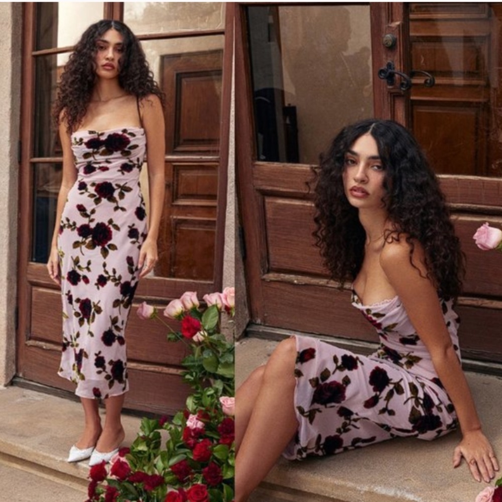 HOUSE OF CB size M PLUS CUP 'Azura' Pink Devore Midi Dress floral velvet